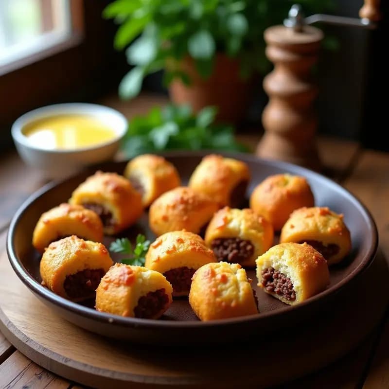 Bollitos dorados de yuca rellenos de carne molida y pasas sobre una bandeja de horno rústica, con textura crujiente por fuera y jugosa por dentro, aperitivo colombiano tradicional.