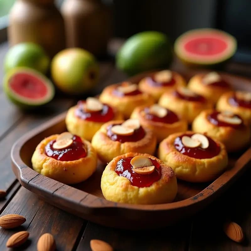 Bollitos dorados de yuca y queso de almendras servidos en un plato de cerámica blanca, con un hilo de mermelada de guayaba brillante en la parte superior y hojas de menta fresca como decoración. Receta de desayuno venezolano sin lácteos.