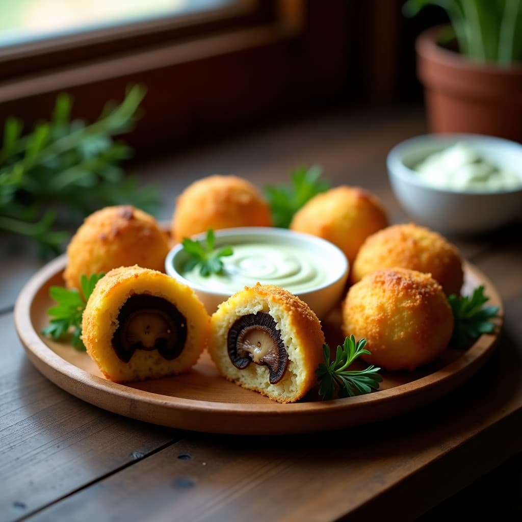 Bollitos dorados y crujientes de yuca y queso de castaña rellenos de hongos portobello, servidos en un plato rústico de madera con hierbas frescas y un dip cremoso al lado. Receta keto colombiana aperitivo saludable.