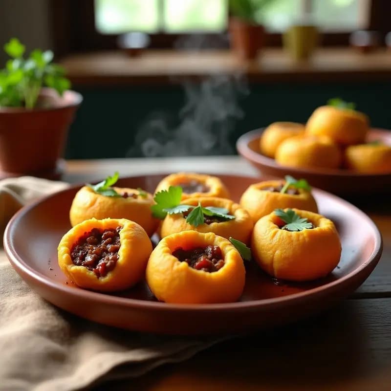 Bollitos de yuca rellenos de carne picada colombianos servidos en plato de barro, dorados por fuera y con relleno jugoso, decorados con cilantro fresco, receta olla express.