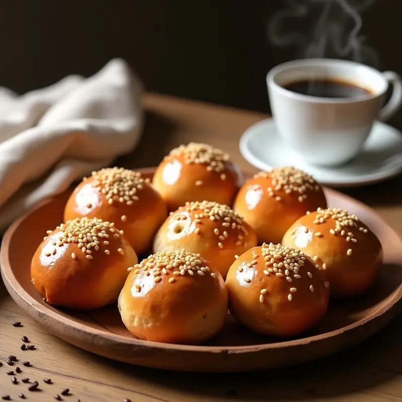 Bollos de aceite sevillanos dorados y esponjosos sobre una bandeja de madera rústica, espolvoreados con semillas de sésamo, con un fondo de café humeante y un paño de lino blanco.