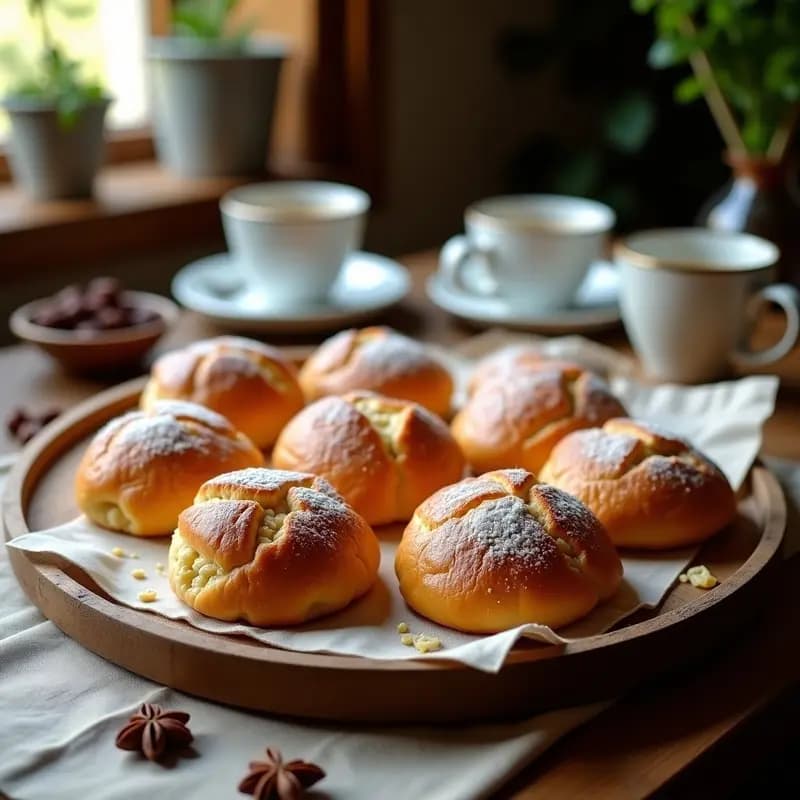 Bollos de chambreta dorados y esponjosos con pasas visibles, espolvoreados con azúcar glass, dispuestos en una bandeja de madera rústica sobre un mantel de lino. Receta tradicional de Castilla y León con anís y limón.