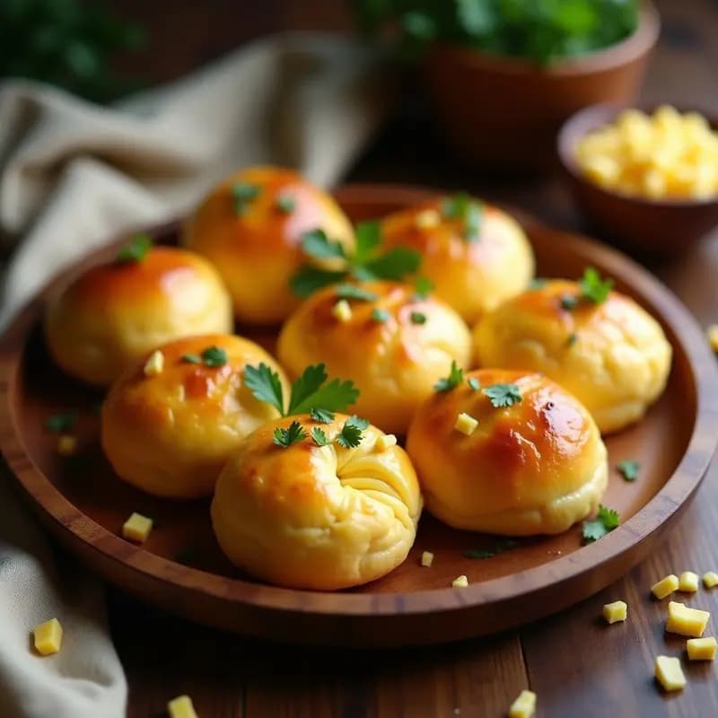 Bollos de maíz dorados con trozos de queso costeño asomando, servidos en una bandeja de madera rústica, aperitivo venezolano sin gluten y alto en energía.