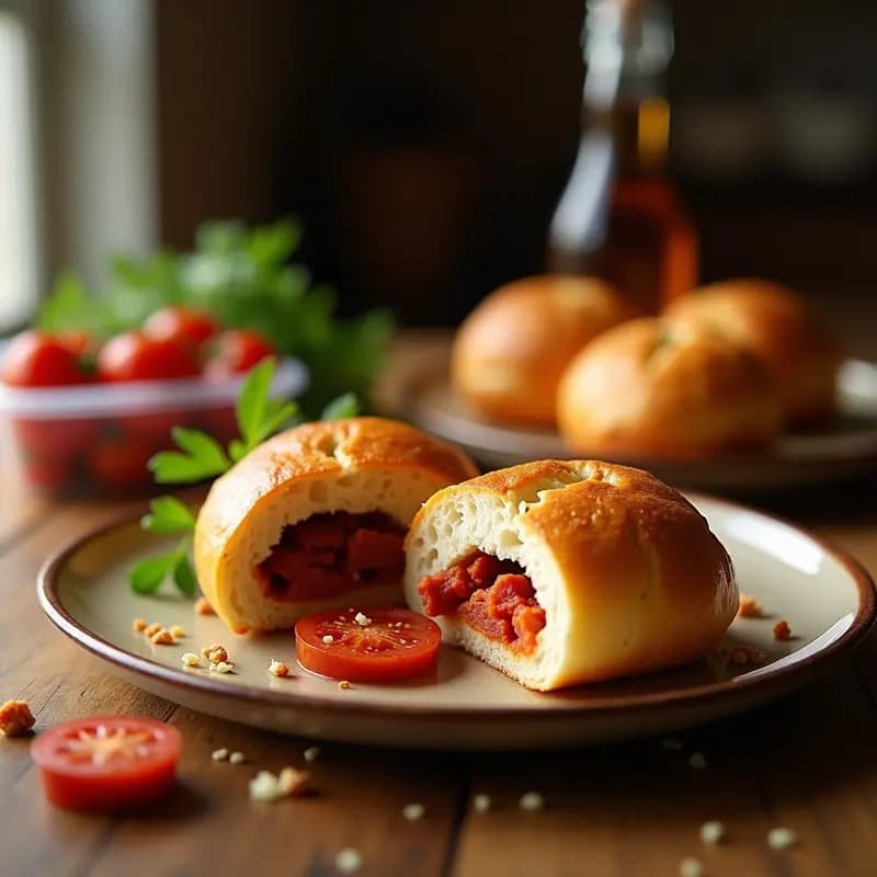 Bollo preñao asturiano abierto por la mitad mostrando el relleno de chorizo asado, servido en un tupper de plástico transparente con fondo de madera rústica.