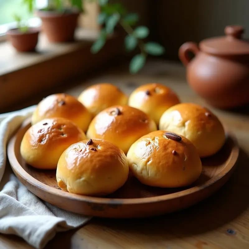 Bollos de aceite con anís recién horneados, dorados y esponjosos, dispuestos en una bandeja de madera rústica con semillas de anís visibles en la superficie. Postre tradicional andaluz para el desayuno.