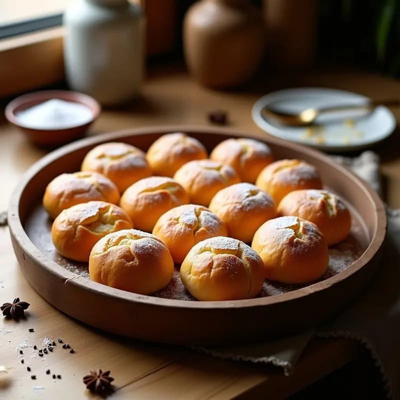 Bollos de aceite sevillanos dorados y esponjosos apilados en un plato de cerámica blanca, espolvoreados con azúcar glas, con granos de anís visibles en la superficie y un fondo rústico con una taza de café.