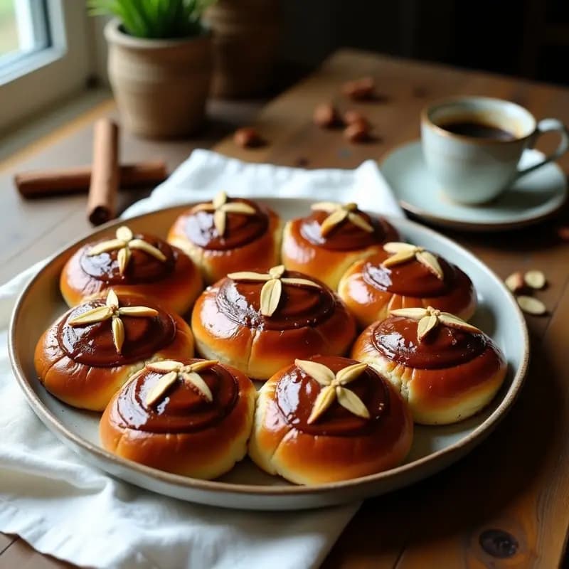 Bollos dorados y esponjosos de canela y cardamomo veganos, con glaseado brillante de azúcar moreno y almendras fileteadas, dispuestos en una bandeja de madera rústica sobre un mantel de lino beige.