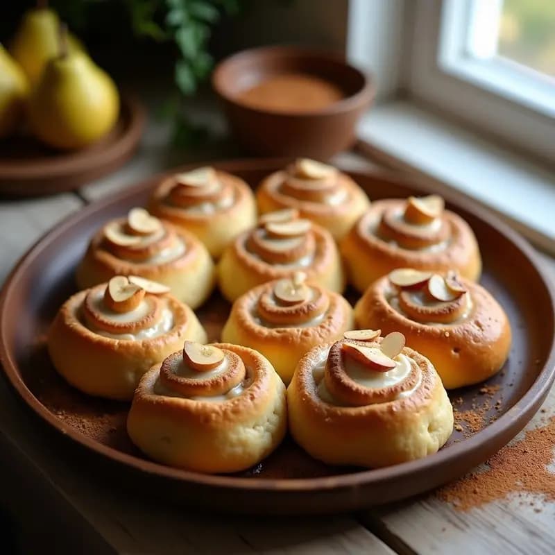 Bollos de canela dorados rellenos de crema de almendra y peras, servidos en una bandeja de madera con almendras fileteadas, desayuno sueco sin lácteos.
