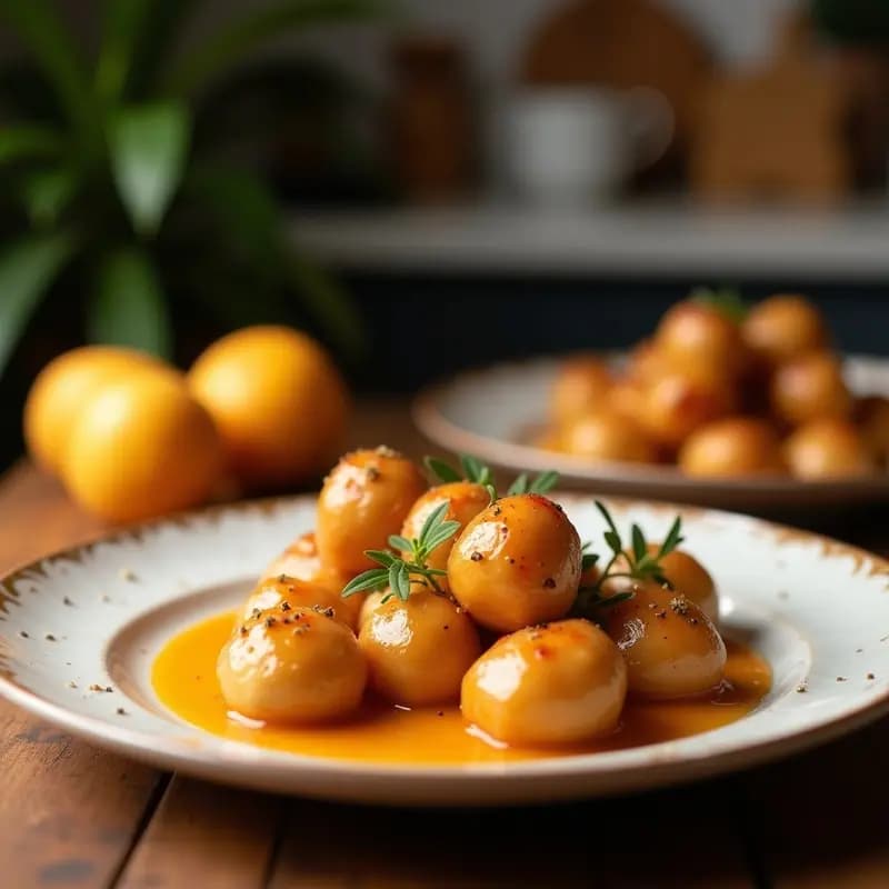 Bollos dorados de canela y manzana con glaseado blanco brillante de erythritol, servidos en una bandeja de madera rústica con fondo desenfocado de cocina nórdica.