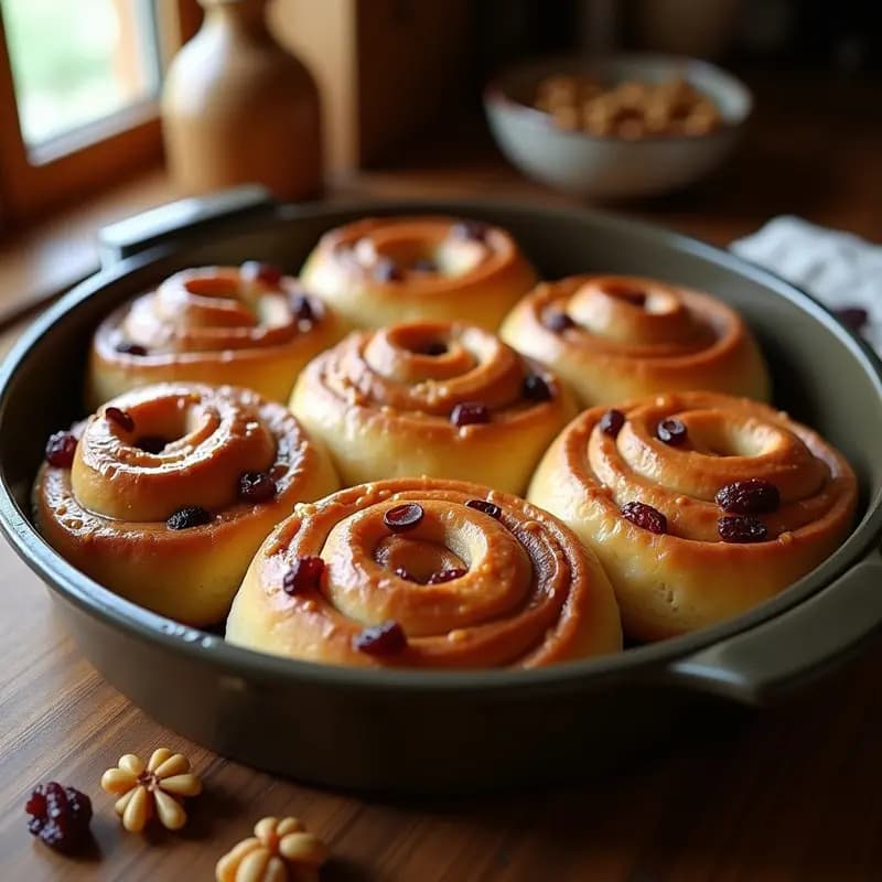 Bollos de canela suizos dorados con pasas y nueces, glaseados con crema de queso y limón, dispuestos en bandeja de madera rústica.