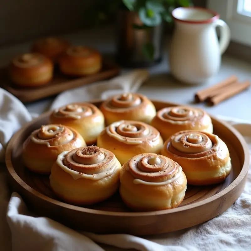 Bollos de canela veganos suecos recién horneados, con espiral de canela y almendras fileteadas, sobre una bandeja de madera rústica. Receta con harina de avena y endulzante de arce.