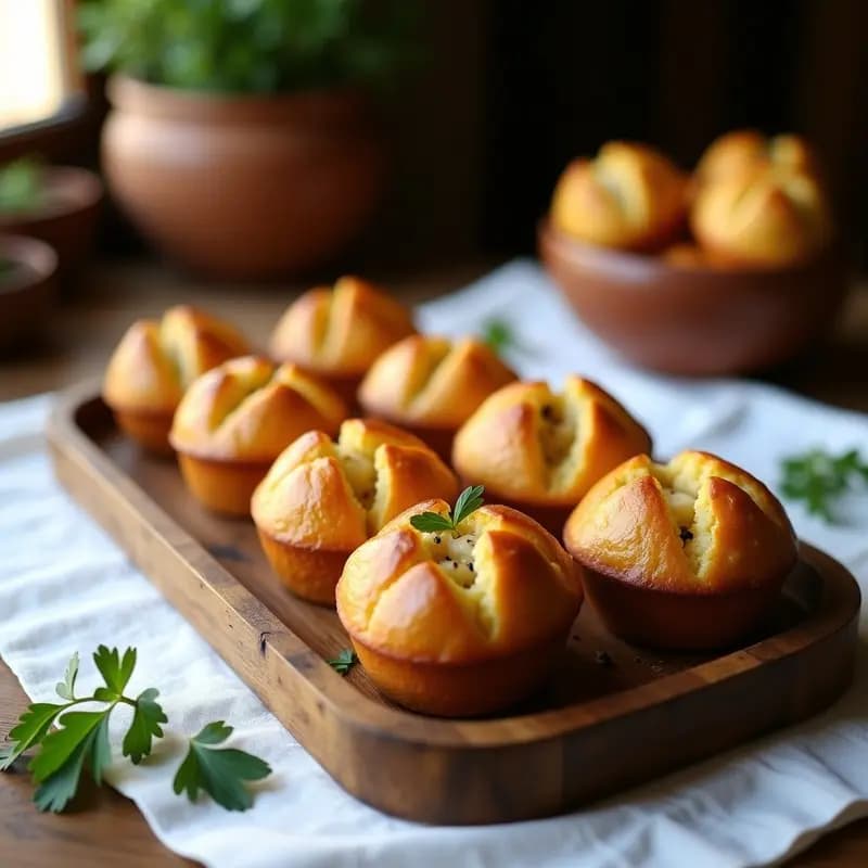 Bollos dorados de chicharro con harina de maíz en molde de magdalenas, con textura esponjosa y trozos de pescado visibles, servidos en bandeja rústica de madera con perejil fresco.