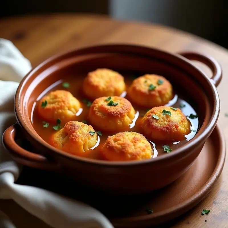 Bollos dorados de chicharrón bañados en caldo de cocido espeso, servidos en cazuela de barro rústica con hierbas frescas. Tapa murciana tradicional.