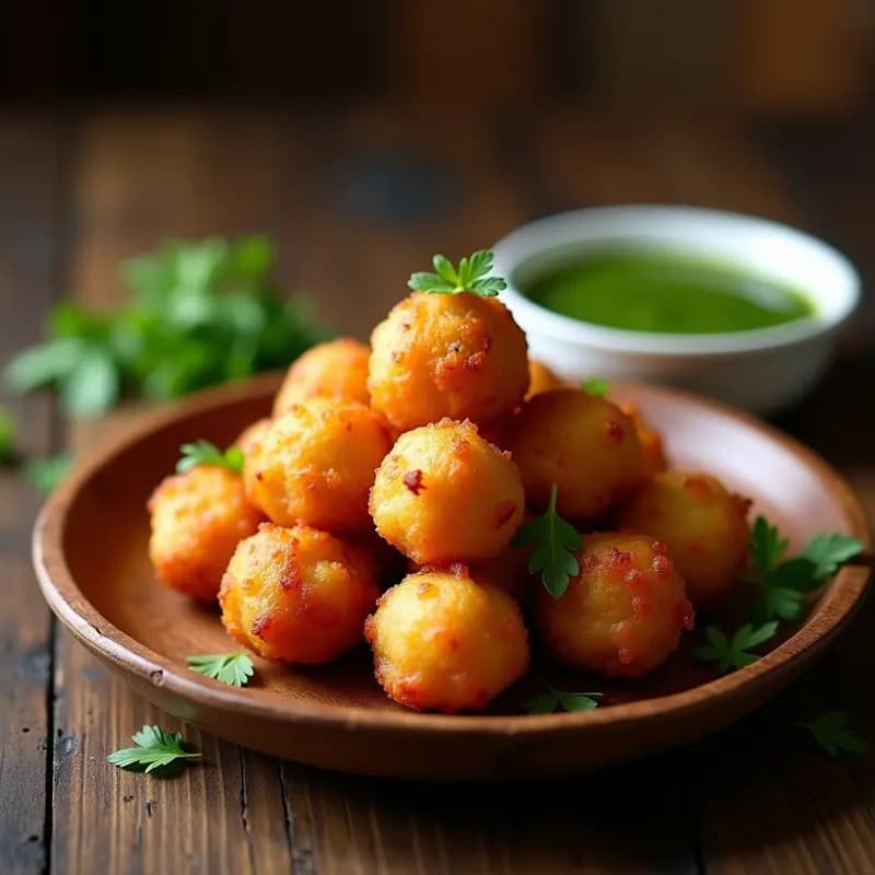 Plato de madera rústico con bollos dorados de chicharrón apilados, acompañados de un cuenco pequeño con salsa verde brillante de perejil y ajo. Receta tradicional extremeña crujiente y nutritiva.