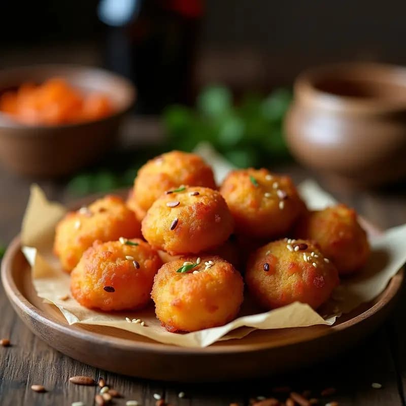Bollos de chicharrones con harina de maíz dorados y crujientes, servidos en un plato de barro rústico sobre papel de horno, con semillas de sésamo visibles y un fondo de taberna sevillana.