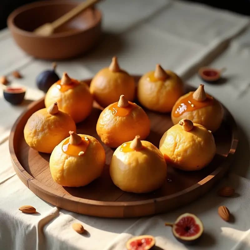 Bollos dorados de higo con almendras y miel tradicional de Aragón, servidos en una bandeja de madera rústica con fondo de tela de lino.