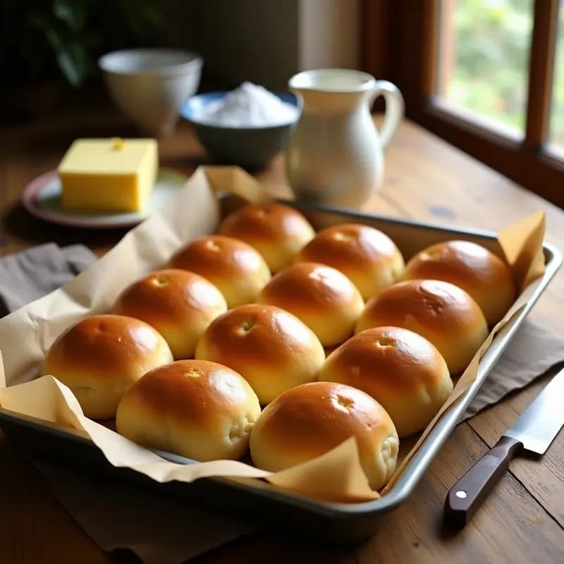 Bandeja de horno con bollos de leche caseros dorados y esponjosos, brillantes por el huevo batido, sobre papel de horno. Bollos de panadería tradicional española con textura suave y aroma a mantequilla y vainilla.