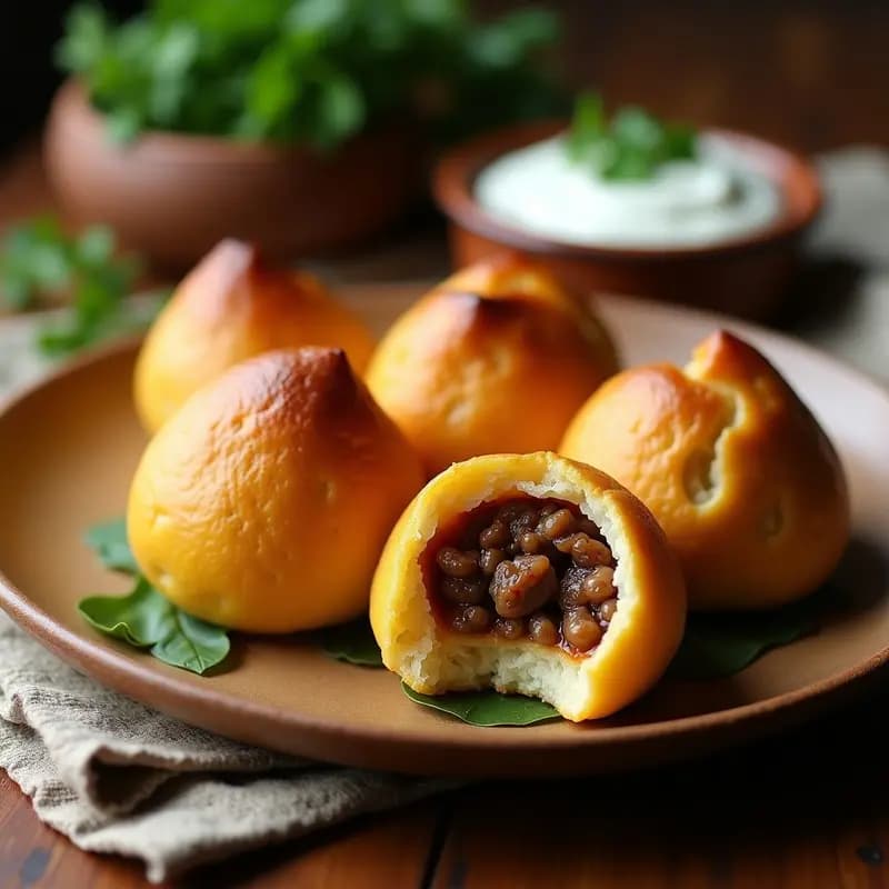 Bollos de maíz dorados recién horneados, envueltos en hojas de bijao, con relleno de carne molida y pasas asomando al cortarlos, servidos en bandeja de madera rústica con queso blanco desmenuzado.