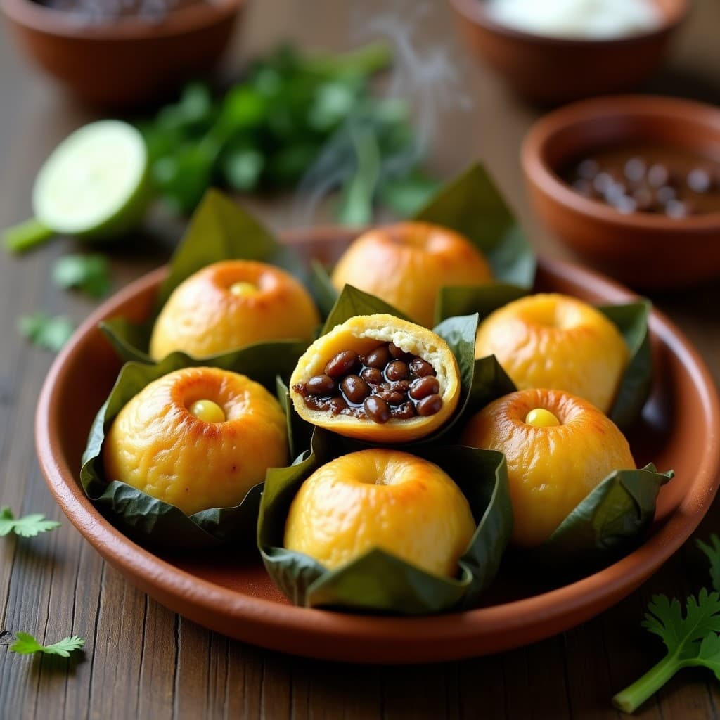 Bollos de maíz recién hechos, envueltos en hojas de plátano, con relleno de frijoles negros y chipotle asomando al cortarlos, servidos en plato rústico de barro con fondo de hoja verde.