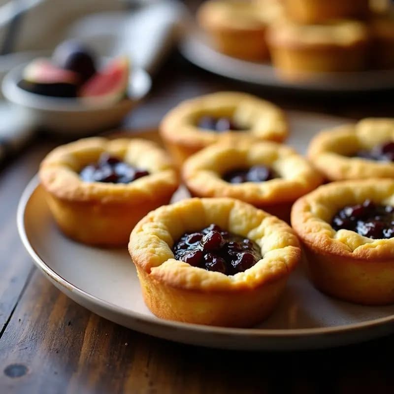 Bollos dorados de maíz sin gluten con trozos de queso de búfala fundido y mermelada de higo negro brillante, servidos en molde de silicona sobre mesa de madera rústica, desayuno italiano saludable y alto en calcio.