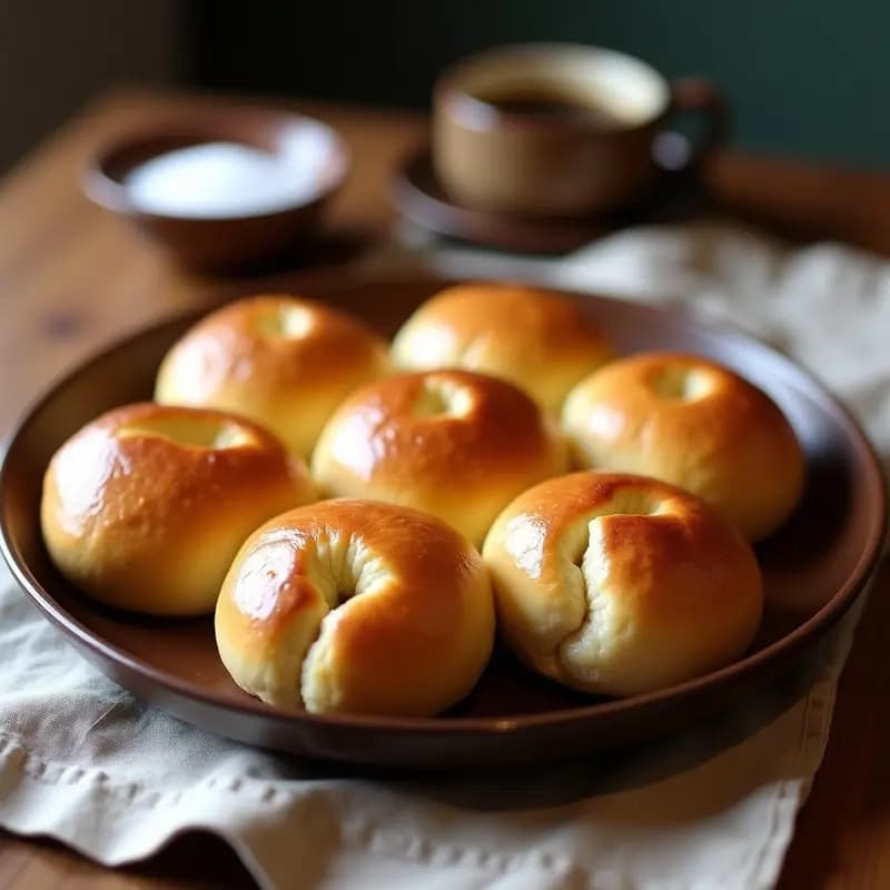 Bandeja de bollos de manteca venezolanos dorados y esponjosos, con superficie ligeramente agrietada, servidos sobre un mantel rústico de lino. Receta tradicional de desayuno.