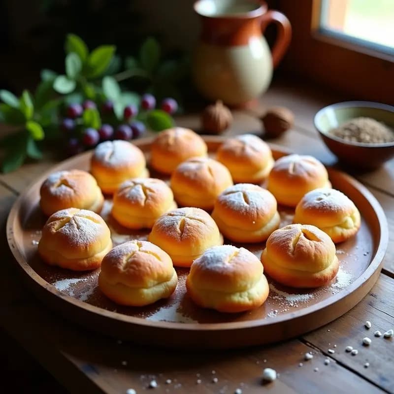 Bollos de mosto con anís extremeños, dorados y esponjosos, espolvoreados con azúcar glas, servidos en una bandeja de madera rústica con ramas de anís y uvas como decoración.