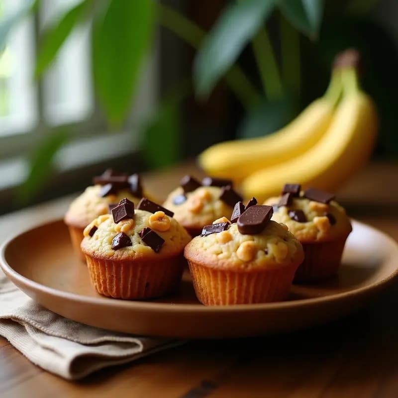 Bollos dorados de plátano y cacahuete con trozos de chocolate negro derritiéndose, servidos en un plato de madera rústico con fondo de hojas de plátano.