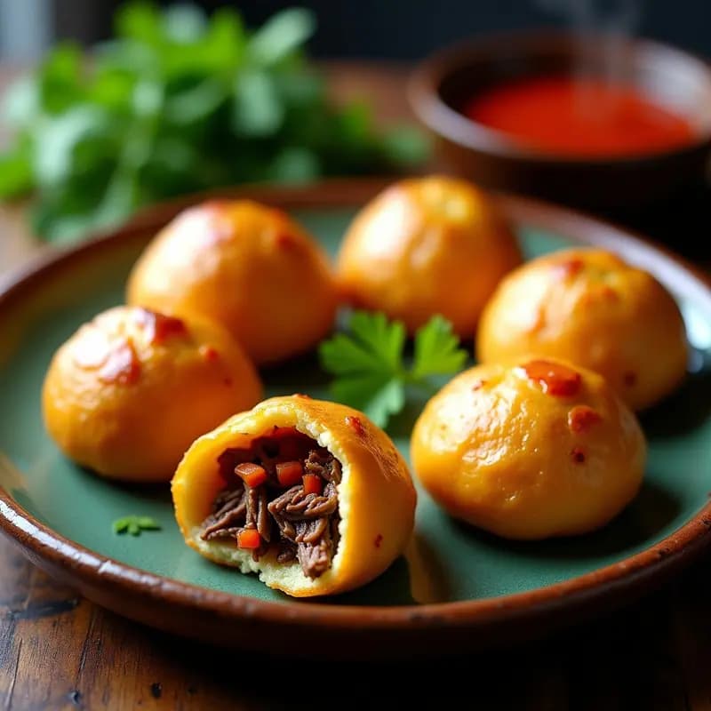 Bollos de yuca dorados y crujientes rellenos de carne mechada, servidos en un plato rústico con hojas de culantro fresco y una salsa roja al lado. Receta colombiana sin gluten.