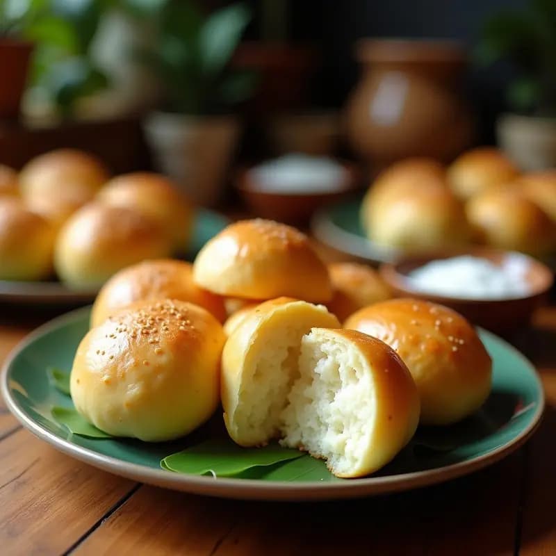 Bollos dorados de yuca rellenos de queso de coco cremoso, servidos en un plato de barro con perejil fresco espolvoreado y fondo de hojas de plátano, desayuno venezolano vegano y sin gluten.