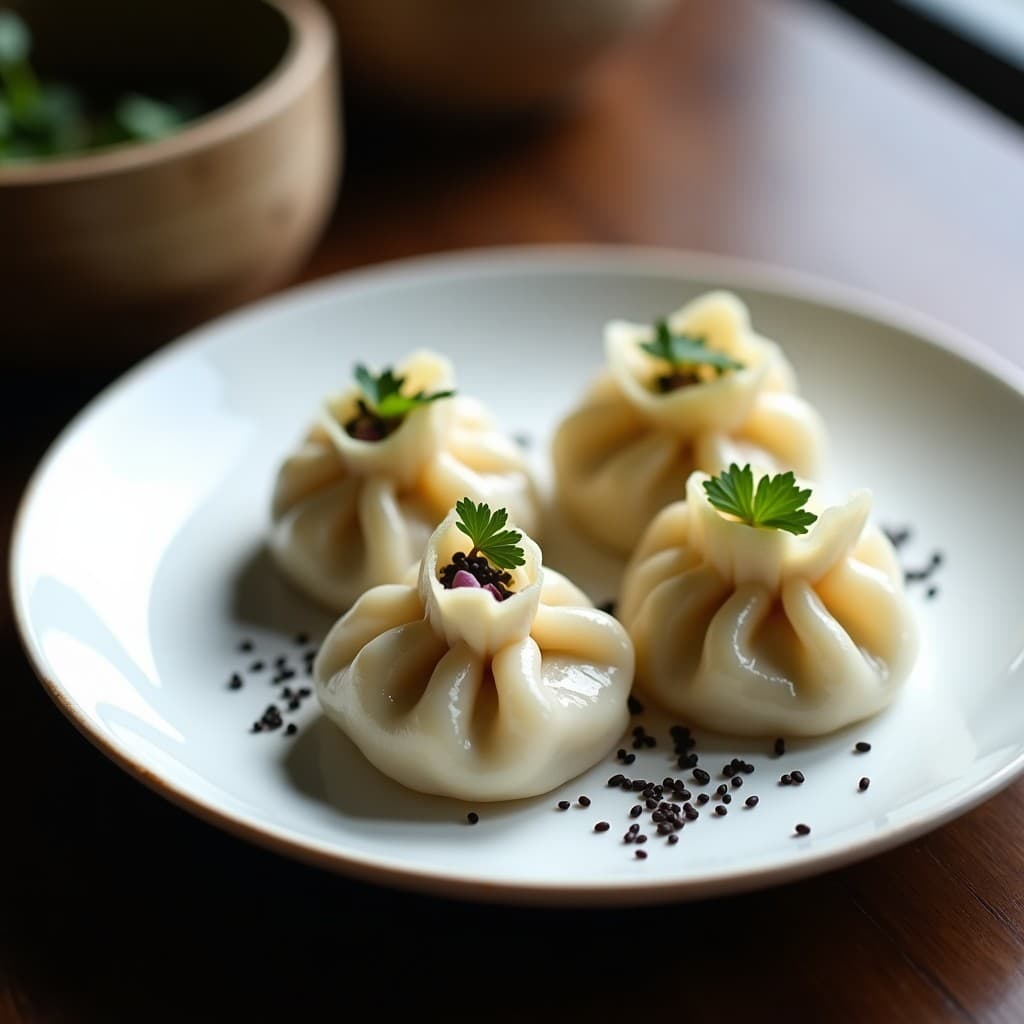 Plato blanco con bolsas de pasta de arroz translúcidas rellenas de tofu desmenuzado y brotes de soja, cocinadas al vapor, decoradas con semillas de sésamo negro y cilantro fresco. Receta vegana china alta en proteína.