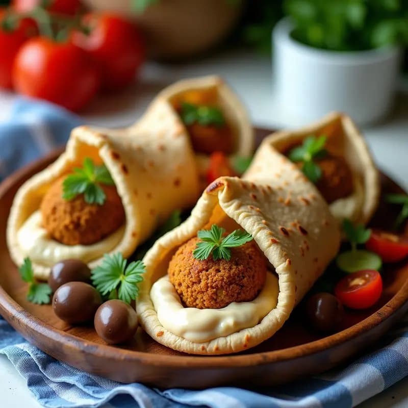 Bolsas de pan de pita integral abiertas, rellenas de falafel dorado y crujiente, salsa cremosa de tahini, rodajas de pepino, tomates cherry y aceitunas kalamata, sobre un plato de madera rústico con fondo de tela a rayas azules y blancas, estilo griego.