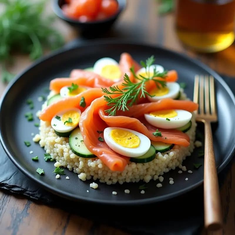 Plato blanco elegante con Bolshoi de salmón al vapor sobre base de quinoa esponjosa, bañado en salsa cremosa de eneldo y decorado con hojas frescas. Receta rusa gourmet.