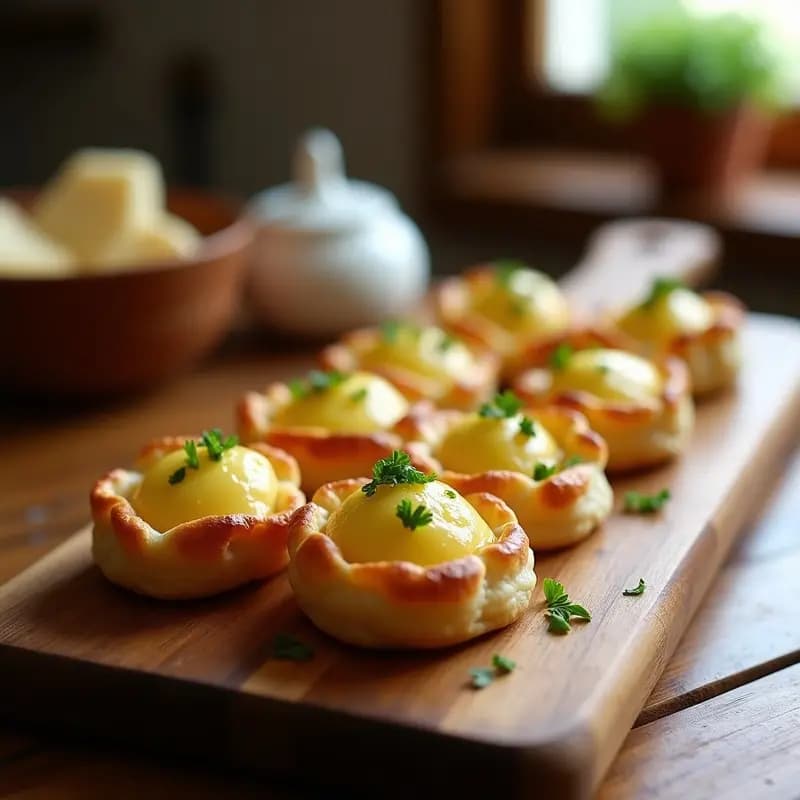 Bolsillos dorados de pan de hojaldre rellenos de brandada de bacalao cremosa, servidos en una fuente de madera con perejil fresco picado por encima. Receta tradicional española de tapa en 20 minutos.