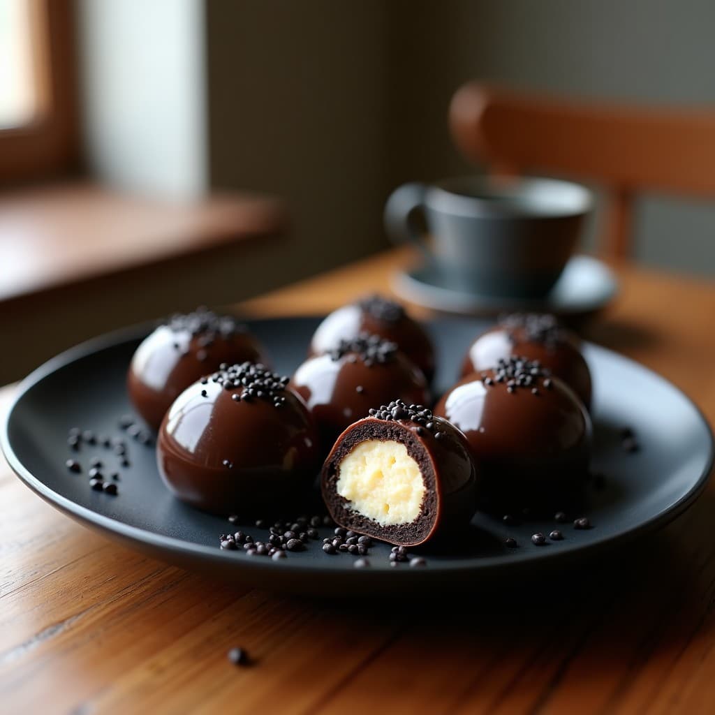 Bomba de chocolate negro brillante con corazón cremoso de sésamo, espolvoreada con semillas de sésamo negro. Postre japonés keto en 4 ingredientes, servido sobre plato de cerámica negra con fondo desenfocado.