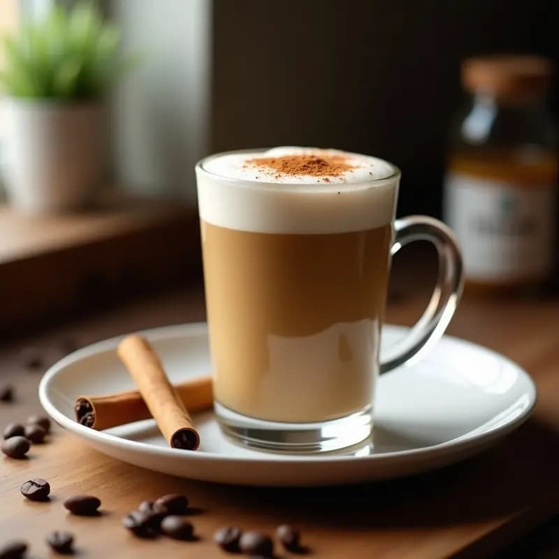 Vaso alto transparente con bomba de café proteico espumosa, decorada con canela en polvo, sobre fondo de madera rústica con granos de café esparcidos.