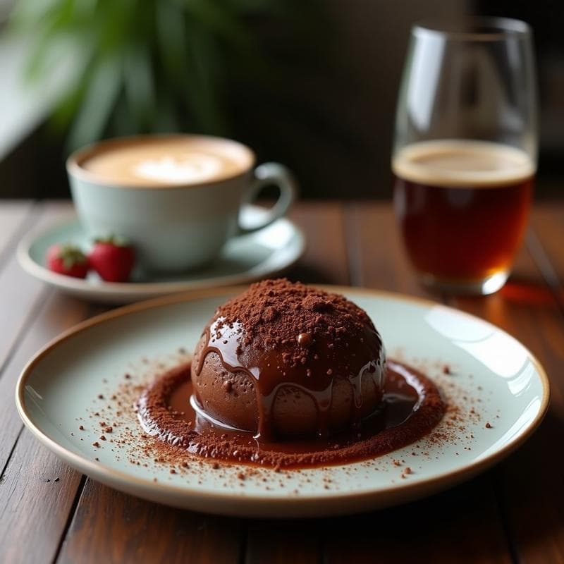 Bombas de chocolate negro brillante con vetas de café, cortadas por la mitad para revelar un centro líquido dorado de arequipe keto, servidas sobre un plato de porcelana blanca con virutas de cacao y hojas de menta.