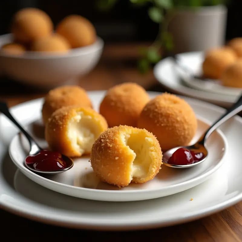 Bombones de queso brie empanizados dorados y crujientes servidos en una fuente blanca con cucharaditas de mermelada de arándanos al lado, aperitivo sofisticado y adictivo.