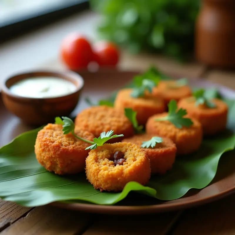 Croquetas brasileñas doradas de frijoles negros y camarón en Airfryer, servidas en plato de cerámica blanca con rodajas de limón y hojas de cilantro fresco.