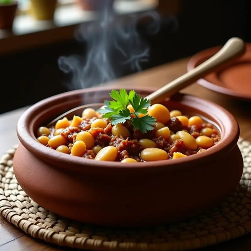 Olla de barro humeante con boprote de feijão brasileiro, un guiso espeso de frijoles blancos, carne seca desmenuzada y cubos de yuca, decorado con cilantro fresco y servido en un plato rústico de madera.