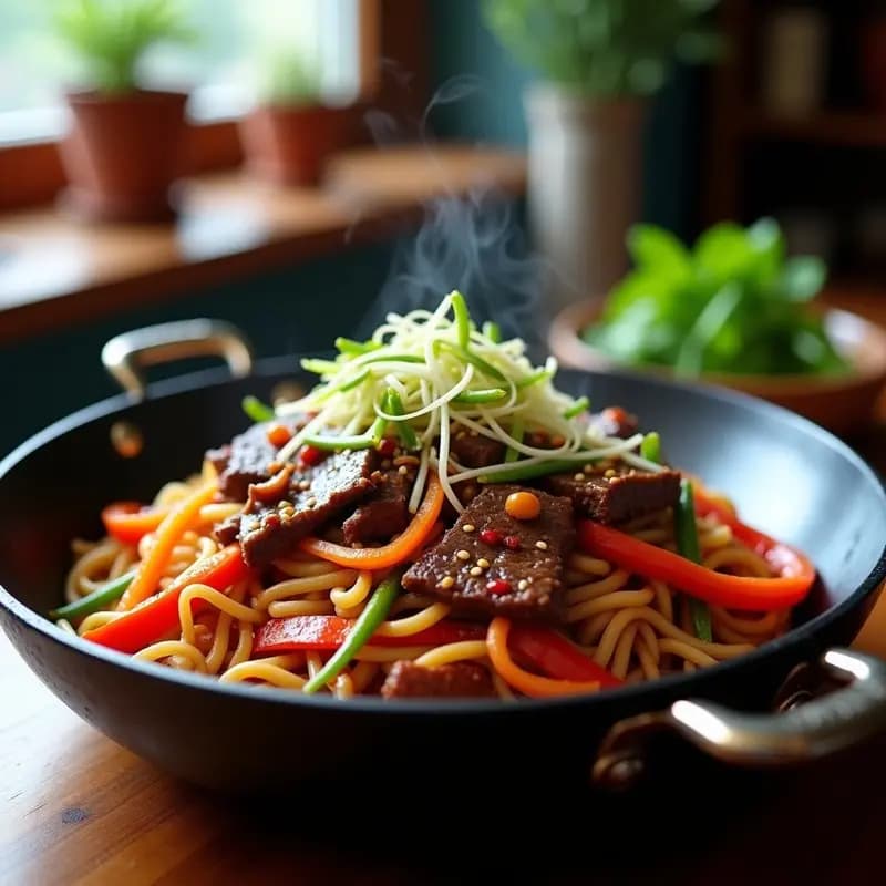 Wok humeante con Boptera Mongol: fideos de trigo dorados, trozos de carne de res jugosa, tiras de pimiento rojo, cebolla morada y zanahoria salteadas, bañados en una salsa brillante de soja y sésamo, decorado con brotes de soja frescos y un toque de pimienta de Sichuan.
