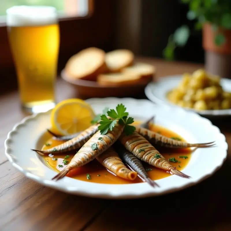 Plato blanco rústico con boquerones en adobo bañados en una salsa dorada de ajo, perejil y pimentón, acompañados de rodajas de limón y pan tostado. Tapa andaluza tradicional para acompañar cerveza.