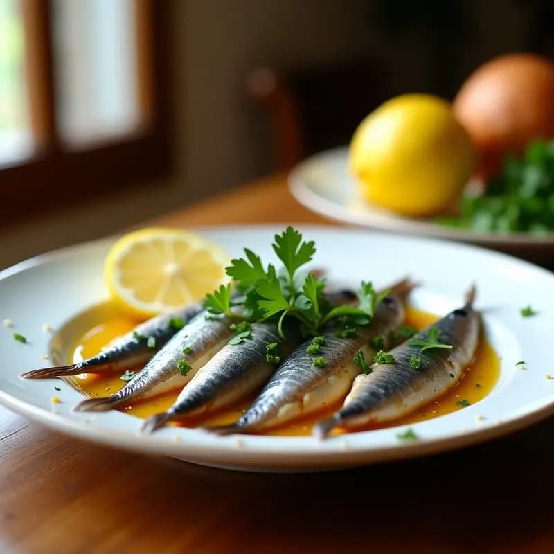 Plato blanco con boquerones en adobo con ajo y perejil, marinados en una mezcla de vinagre y aceite de oliva, decorados con perejil fresco picado y rodajas de limón, típico entrante andaluz.