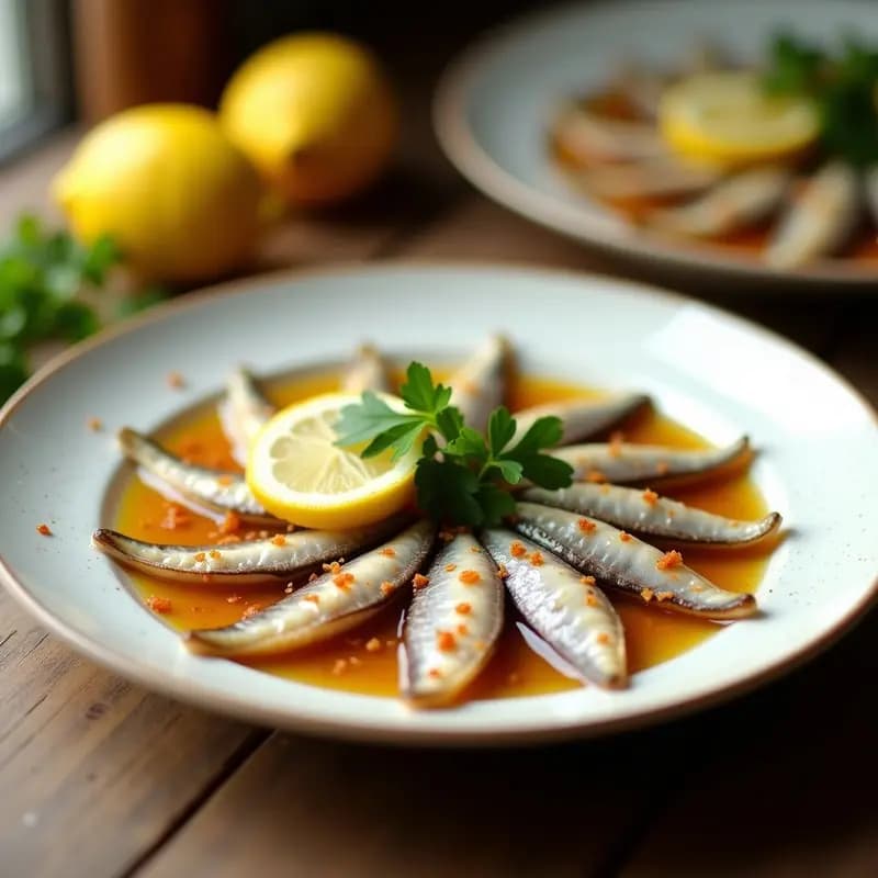 Plato blanco con boquerones en adobo con limón y perejil, marinados y listos para servir, acompañados de rodajas de limón y perejil fresco espolvoreado.