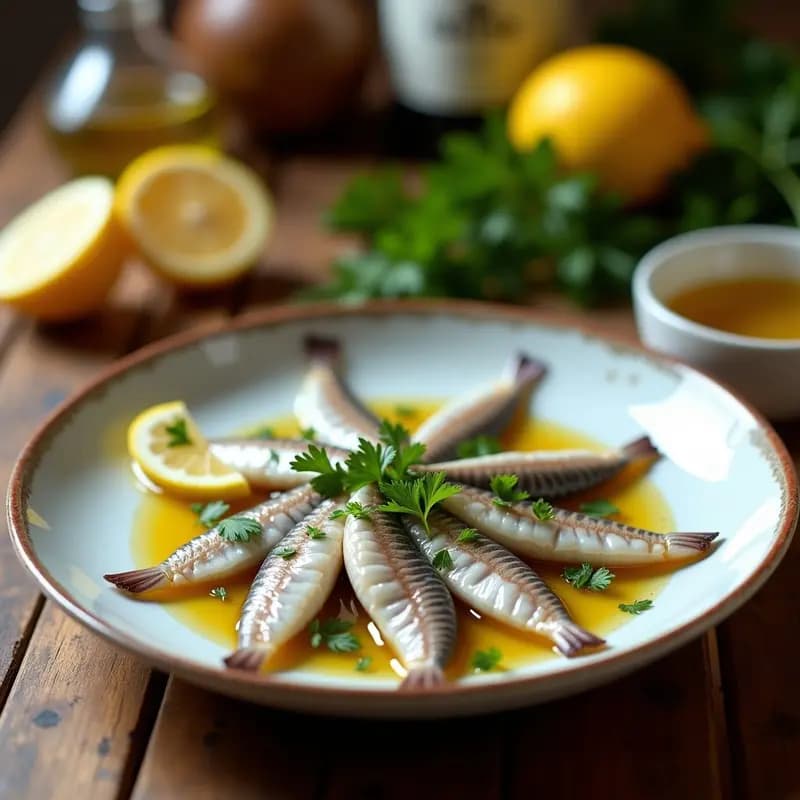 Plato blanco rústico con boquerones en adobo con vinagre y ajo, marinados y listos para servir, decorados con perejil fresco y rodajas de limón, típico aperitivo malagueño.