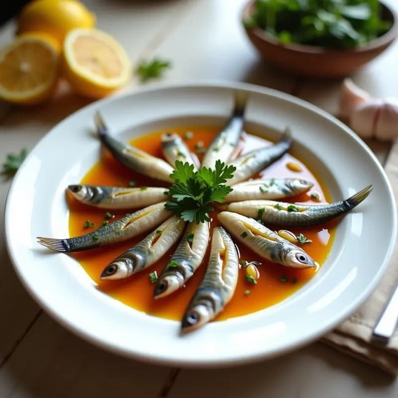 Plato blanco rústico con boquerones en adobo con vinagre de Jerez, bañados en aceite de oliva y especias, acompañados de hojas de perejil fresco y rodajas de limón, sobre fondo de madera clara.