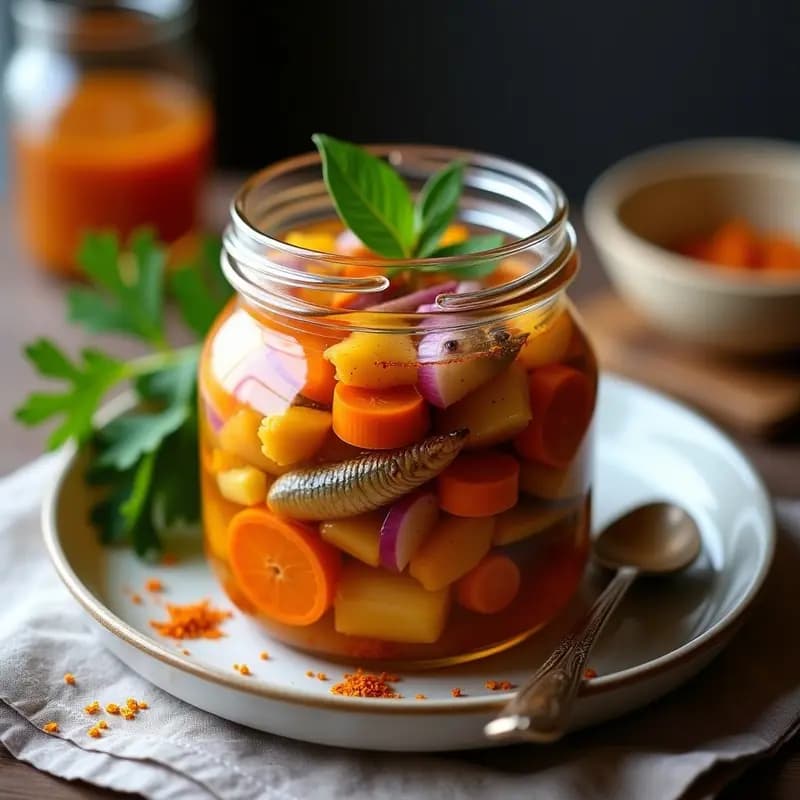 Tarro de cristal transparente con boquerones en escabeche bañados en un líquido dorado de vinagre de módena y azafrán, acompañados de rodajas de zanahoria, cebolla morada y hojas de laurel. Plato típico andaluz gourmet servido en un mantel rústico de lino.