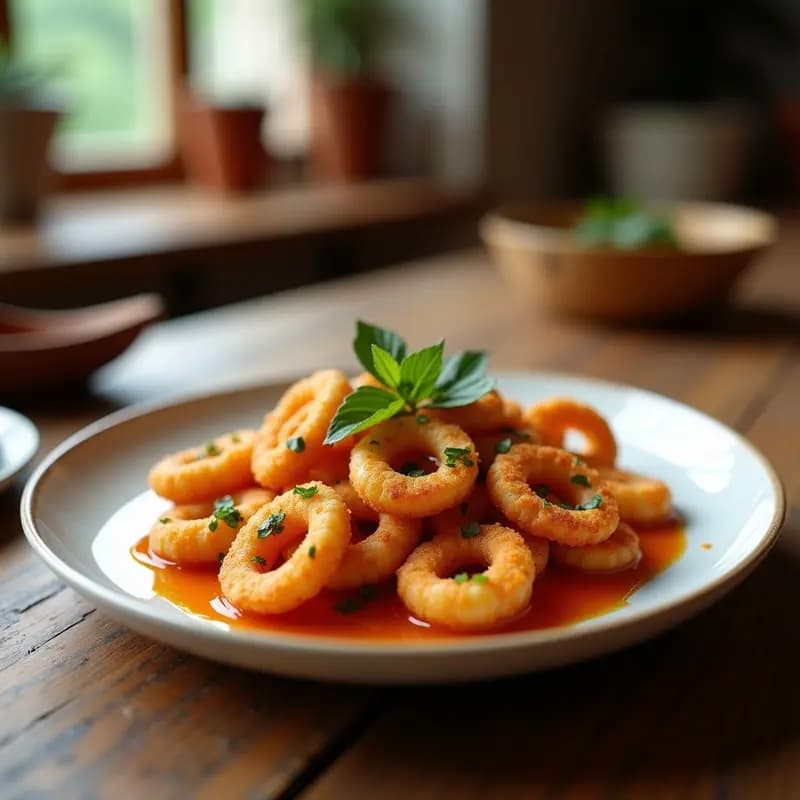 Plato blanco rústico con boquerones fritos dorados y crujientes, acompañados de un cuenco pequeño con alioli de ajo negro cremoso y espolvoreados con perejil fresco. Tapa andaluza tradicional con un toque gourmet.