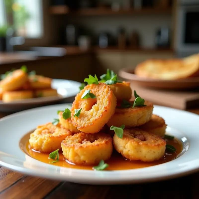 Plato blanco rústico con boquerones fritos dorados marinados en vinagre, acompañados de rebanadas de pan tostado crujiente. Decorado con perejil fresco y rodajas de limón sobre un fondo de madera oscura, típico aperitivo malagueño.