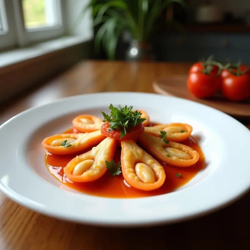 Plato blanco con boquerones rebozados dorados y crujientes, acompañados de una ensalada fresca de tomate, cebolla morada y pimiento verde aliñada con vinagre de Jerez. Receta malagueña tradicional de frito clásico.