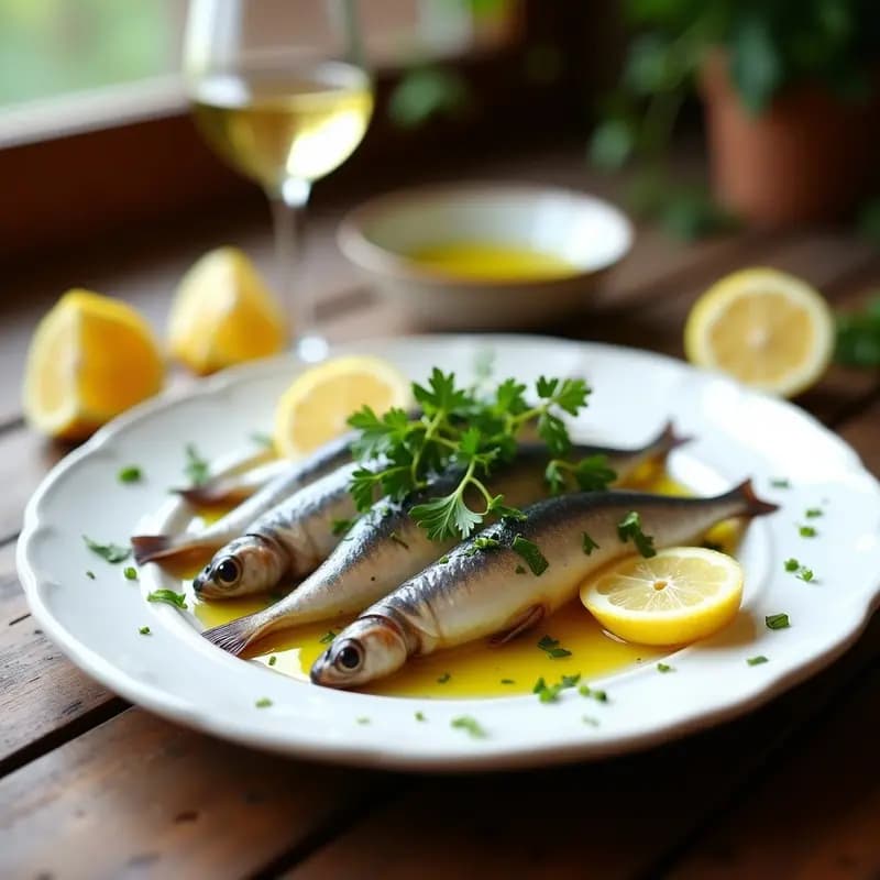 Plato blanco con boquerones en vinagre marinados, cubiertos de ajo y perejil picado, servidos sobre rodajas de limón y con un chorrito de aceite de oliva virgen extra. Entrante costero malagueño fresco y listo en 10 minutos.